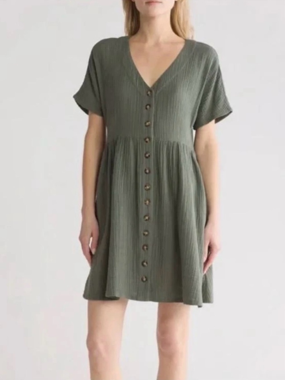 Madewell Lightspun Button-Front Mini Gauze Airy Dress Olive Green Size S Pockets